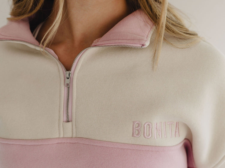 Quarter zip colourblock pale pink/snow
